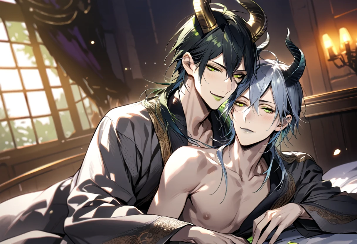 1boy, 1man, duo, super fine illustration, best quality, steam punk, luxurious hotel suite, king-size bed,young adult, black hair, blue eyes, silver hair, green eyes, handsome,peaceful sleeping, rose petals, soft lighting, serene expressions, window light, intimate,full-face blush, Naked a bathrobe,shut one's eyes,NSFW malleus draconia (twisted wonderland) horns, bishounen, boy, male, yana Toboso style, long hair, black hair, yellow green eyes, smile, gray lips, handsome, skinny, tall, yellow green glow,