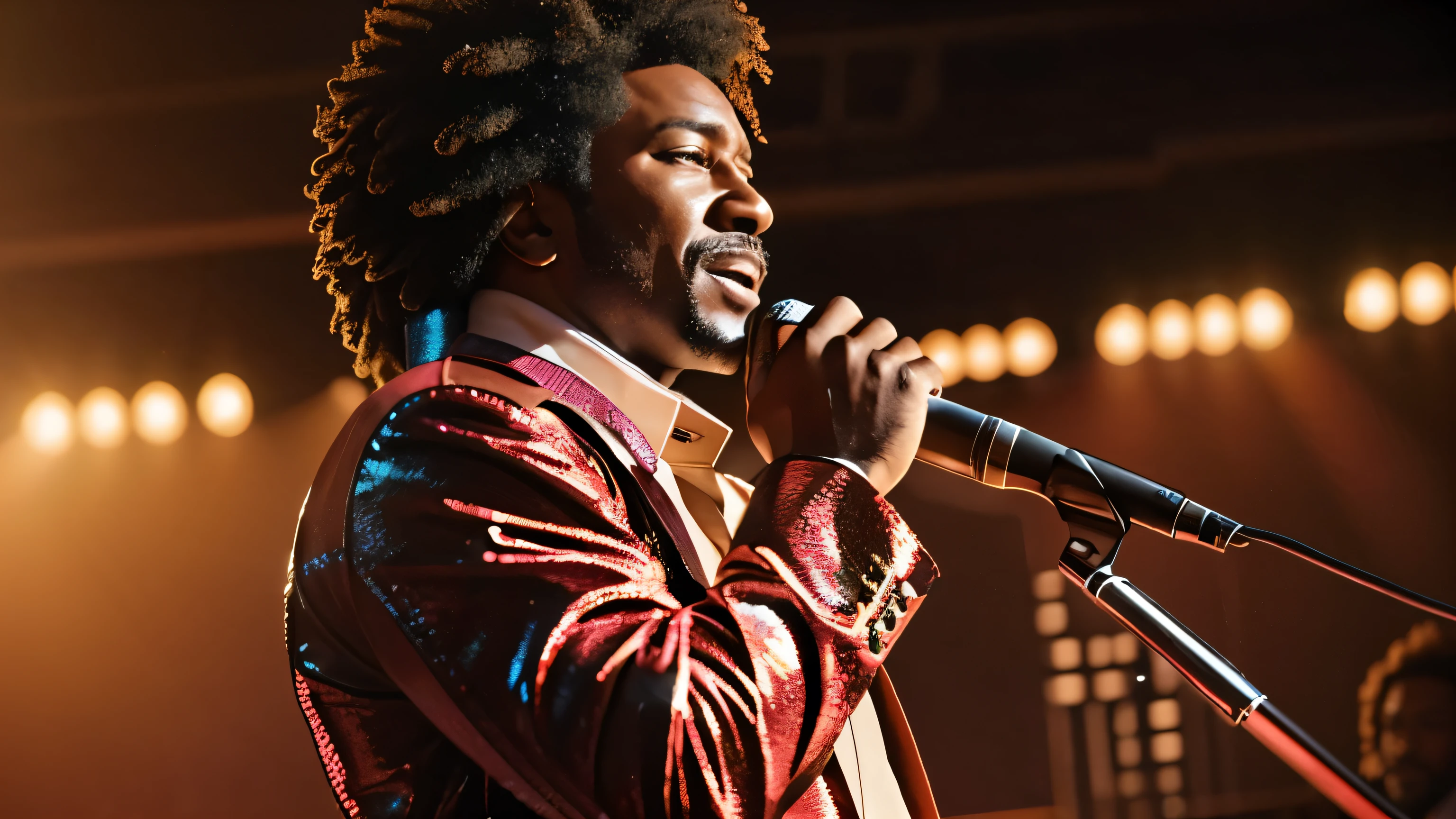1970s male r&b superstar "Ronnie Sampson" performing on stage with his band, cinematic action, cinematic lighting, backlighting, masterpiece, anatomically correct, textured skin, super detail, 8k atmospheric perspective, depth of field,