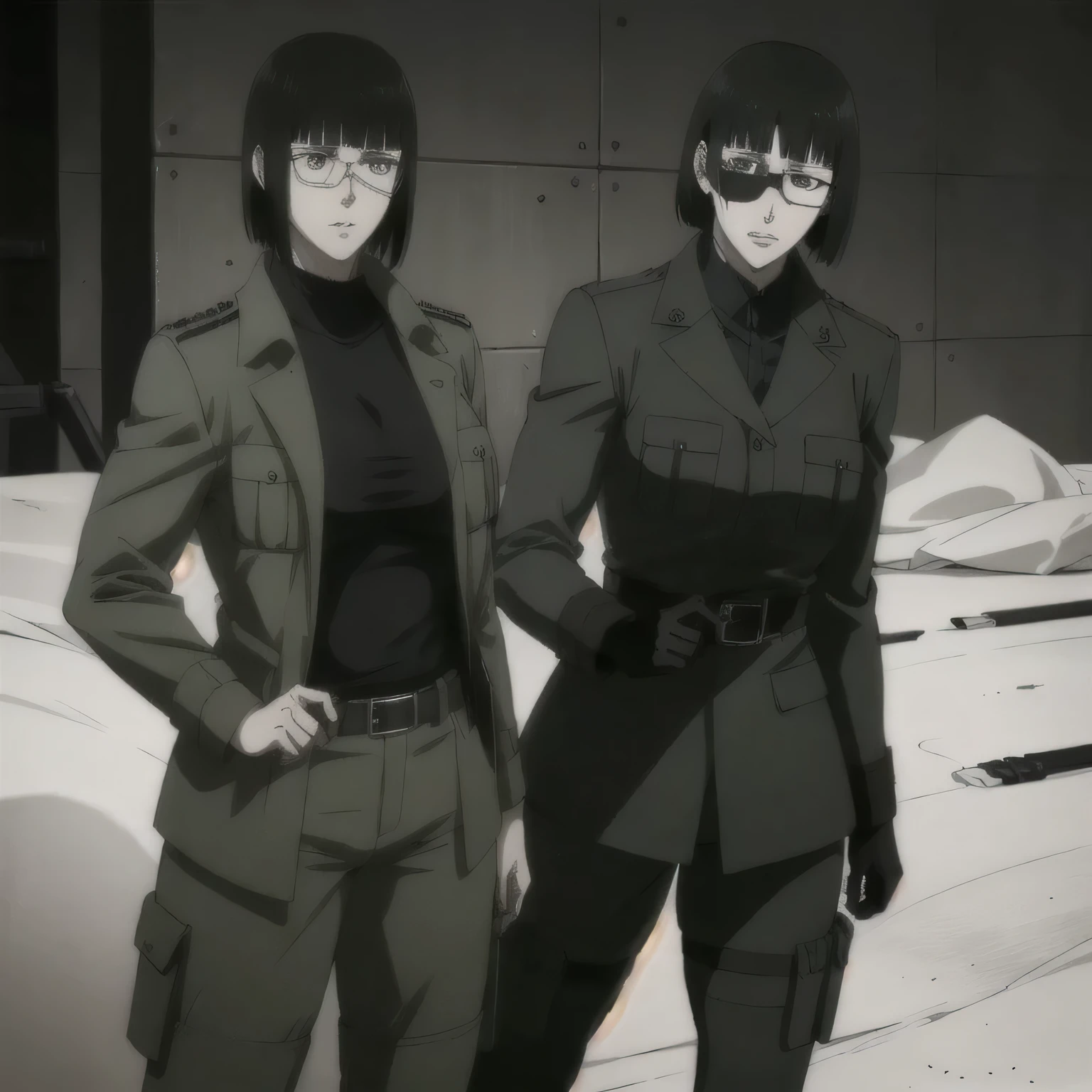 (best quality,ultra-detailed,realistic:1.37), military, muscular girl with sculpted body wearing a big black trench coat and black trousers, full review of the female character face and body, intense expression, strong and confident posture, studio lighting, vivid colors, physiologically-based rendering, grungy texture, rugged background, dust particles in the air, commanding presence, professional, powerful, gritty aesthetics,six-pack,Valmet with her muscles body,eye patch,short hair,Shining skin,