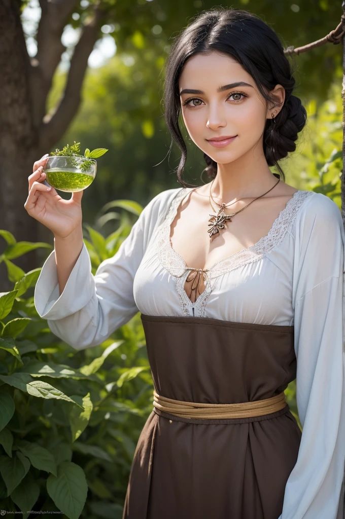 An NPC from D&D Leandra is a young woman with black hair and green eyes, with a welcoming smile and gentle hands. She wears simple light fabric clothes and has a necklace of medicinal herbs around her neck.. Leandra is known in her village for her knowledge of healing herbs and healing potions.. She is always ready to help the injured and sick, offering wise advice and natural remedies.