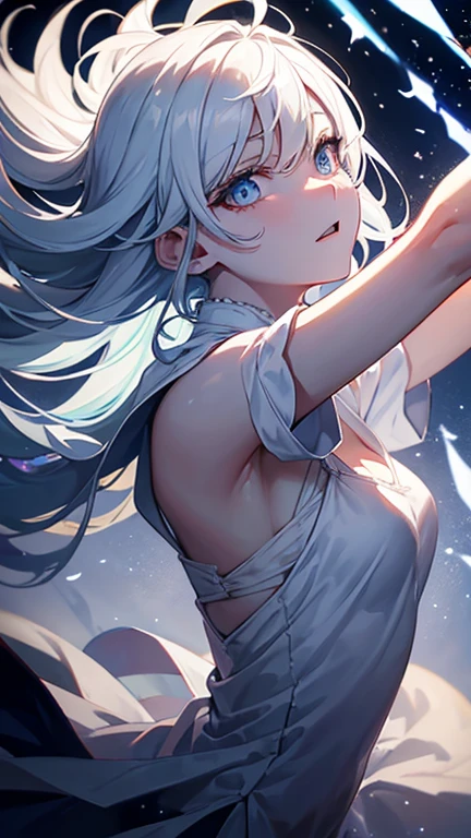 1The White Magician,Look up to the sky,Laugh wickedly,Pleasure,lament,Elevation,In the dark storm,Bad face,Low - Angle,Disaster at your fingertips々A dark sphere,The front of your body faces the viewer,Stretch your arms out to the sky