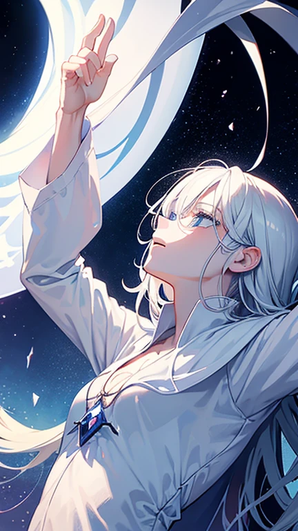 １The White Magician,Look up to the sky,Laugh wickedly,Pleasure,lament,Elevation,In the dark storm,Bad face,Low - Angle,Disaster at your fingertips々A dark sphere,The front of your body faces the viewer,Stretch your arms out to the sky