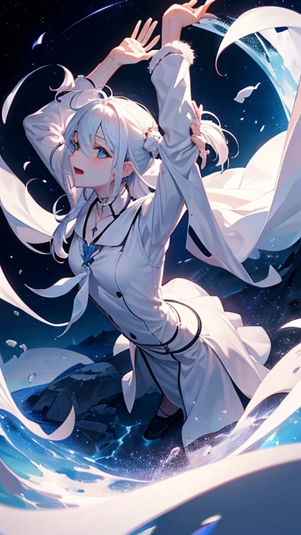 1The White Magician,Look up to the sky,Laugh wickedly,Pleasure,lament,Elevation,In the dark storm,Bad face,Low - Angle,Disaster at your fingertips々A dark sphere,The front of your body faces the viewer,Stretch your arms out to the sky