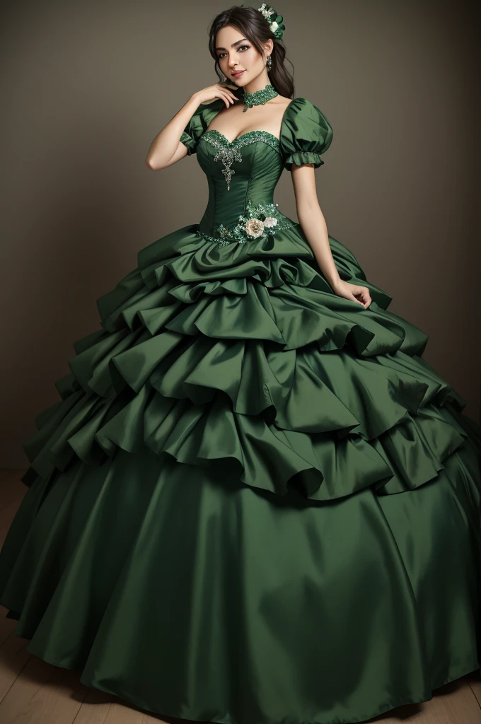 ((Masterpiece, best quality)), edgQuality,smug,smirk,
ballgown, a woman in a green  dress posing for a picture , wearing a ballgown,
 