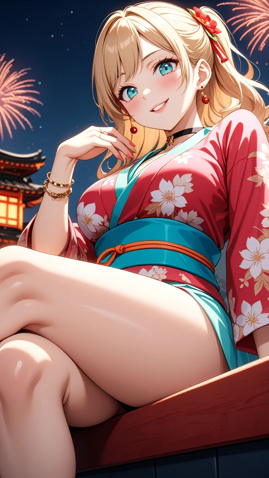 ((One personの女性)), Beautiful Face,(Laughing embarrassedly), (naughty face:1.2), (Wink:1.9), (head tilt:1.3), Laughing with your mouth open, upper teeth, ((Bright red cheeks:1.4)),Glossy pink lips, ((crossed legs:1.3)), ((thigh focus:1.2)), ((panty shot:1.1)), Pink thong shorts, looking down at viewer,Touching hair with hands,looking at viewer,Shining Face, rooftop, Festival decorations, firework, ((Anime style background)),masterpiece, Highest quality, so beautiful,up to date, Complex details, (Pink long nails),(ring),(bracelet),(choker),AI-generated, Complex,High resolution, Highest quality, super high quality,3D Images、3D Images,One person,Long blonde hair,ponytail, wavy hair ,Anime woman posing for a photo, ((Fine grain、Turquoise Eyes、Shining Eyes:1.3)), (Squint your eyes:1.1),a hyperRealistic , hyperRealistic , Realistic,Anime woman with long white hair, Smooth anime CG art, A woman in a colorful kimono with gold embroidery, (Pink long sleeve kimono),Red floral pattern,Long flower hair ornament,Earrings,Mature Body,(Big Breasts:1.1),Tall,Abdominal muscles,Tight waist,(Zoom up to face:1.1), ((from the side and slightly from below)),