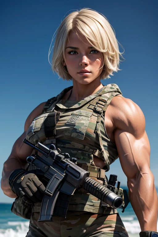 (Detailed description) (best quality) American girl, American soldier, bodybuilder physique, bodybuilder veins, very cute, white shark animal, short hair, animal shark involved, going to war