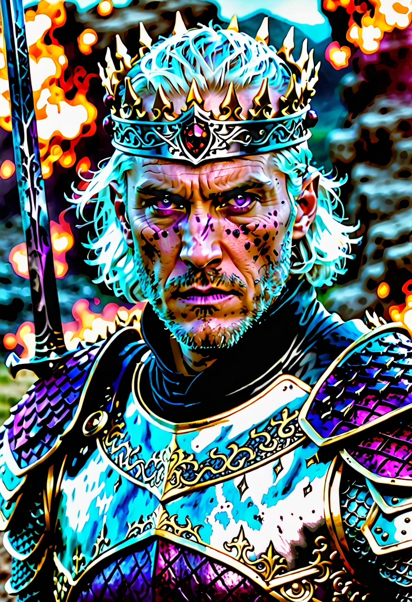 (masterpiece, 8K, UHD, high resolution: 1.4), imposing portrait of Aegon Targaryen, (tall, broad shouldered, powerful appearance: 1.3), (piercing purple eyes, short silver and gold hair: 1, 3), (wearing black scale armor into battle: 1.2), (wielding a black steel sword: 1.3), (wearing on his head a black steel crown with large square-cut rubies: 1.2 ), (battlefield landscape in the background: 1.1), (authoritative and charismatic atmosphere: 1.3), realistic and intricate details, (fantasy and history elements: 1.2), (heroic and enigmatic perspective : 1.3)