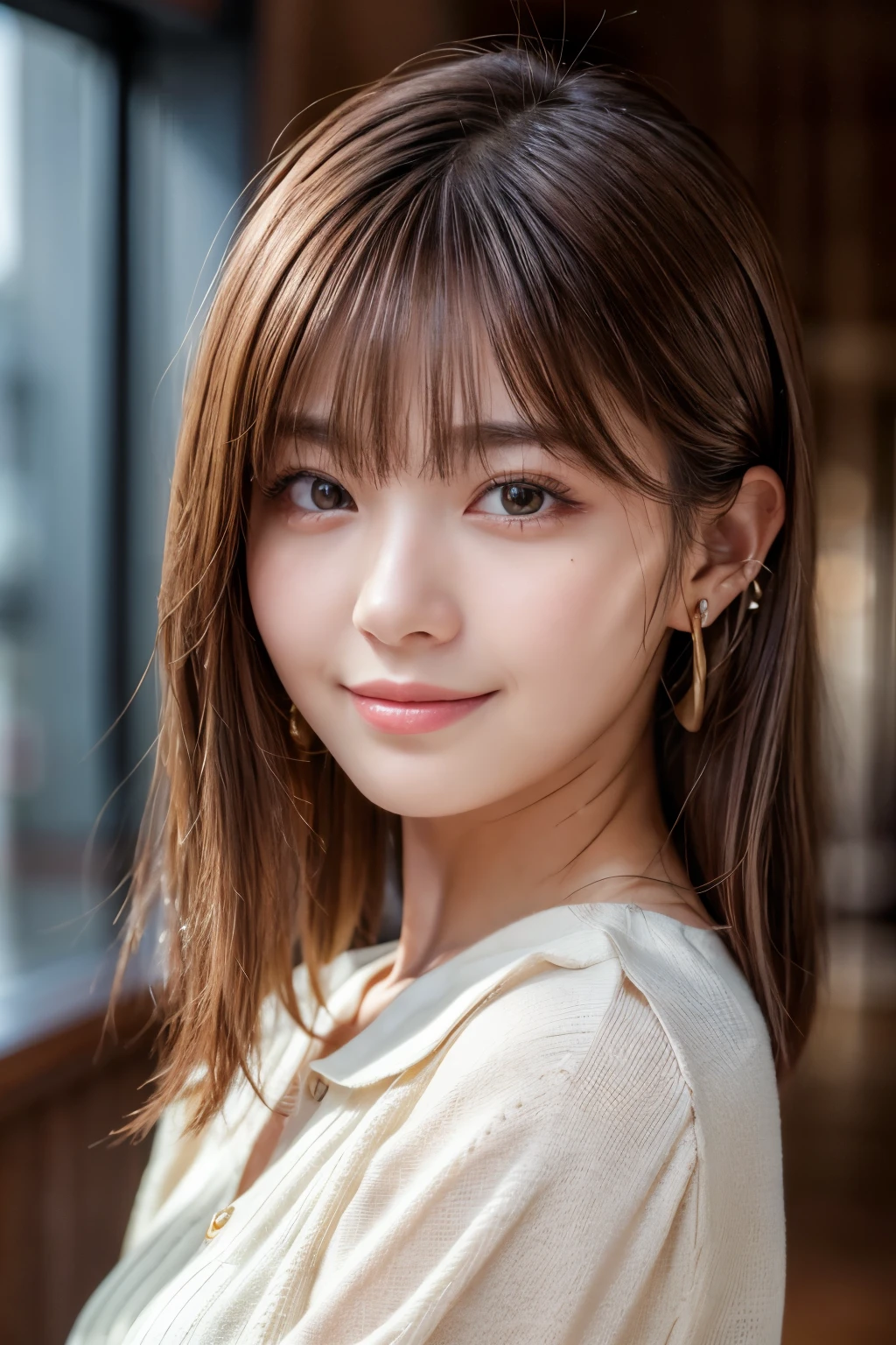 Upper Body、Beauty、Well-formed face、20-year-old、Uniform eyes、Small face、, light brown hair, hair over shoulder, parted bangs, straight hair, expressive hair, shiny hair, earrings, seductive smile, Surrealism, cinematic lighting, first-person view, pov, f/1.2, Nikon, UHD, textured skin, best quality, highres, 8k