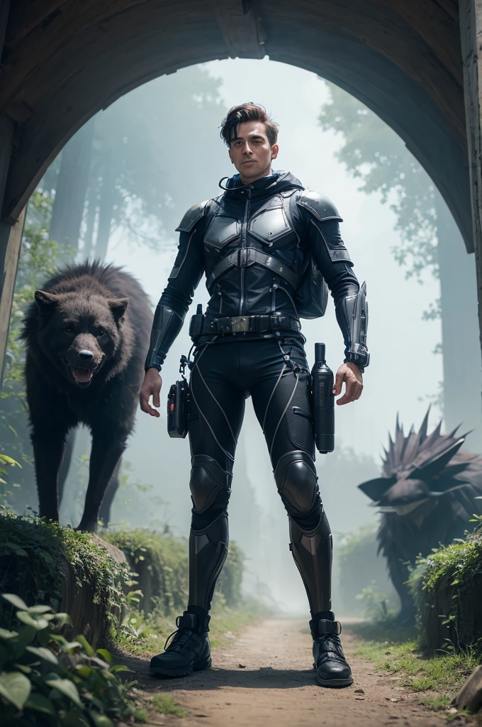 Man in technological outfit in an alternative world with creatures 
