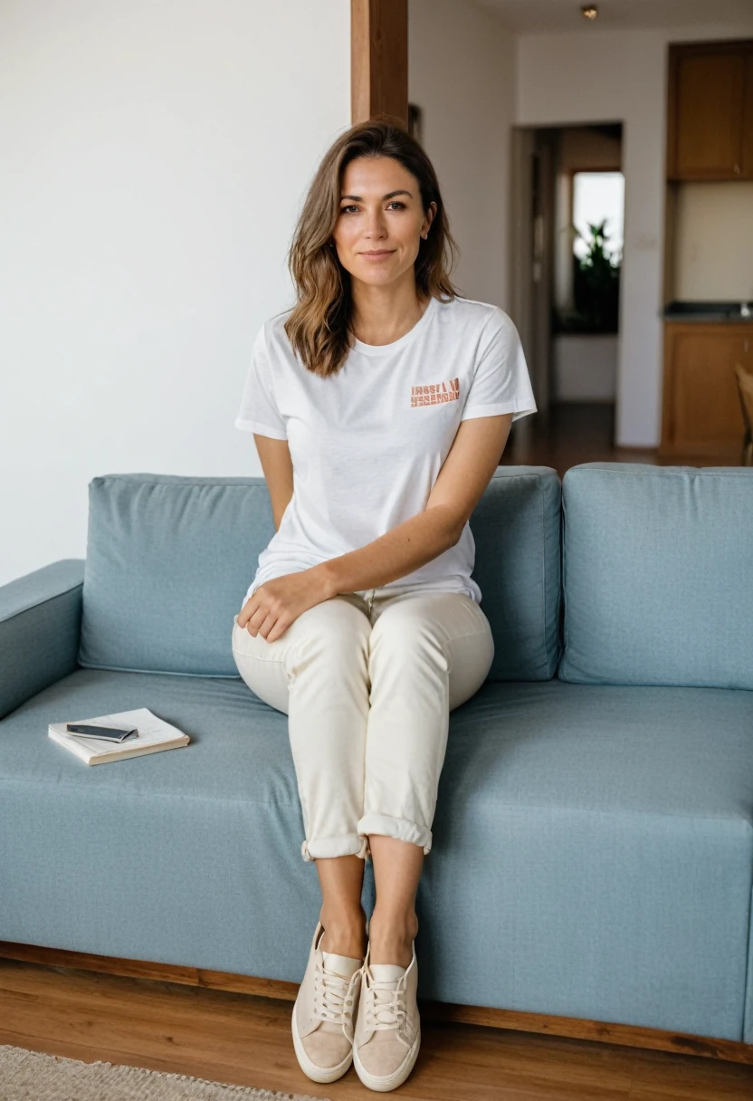 RAW photo, full body, 30-year-old woman, casual t-shirt, sitting on the guest sofa, looking at the viewer, wearing cream shoes, straight forward position, in front of the viewpoint,