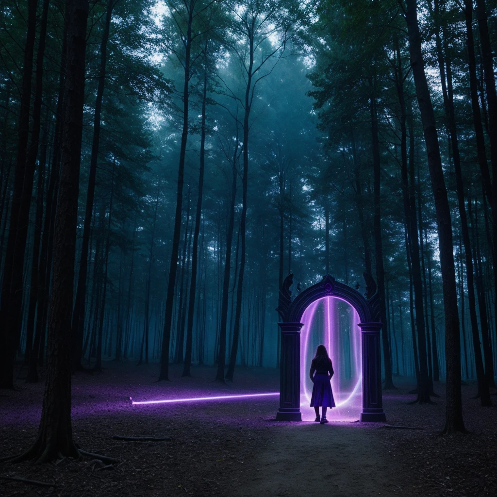 A perfectly rectangular obsidian portal, emanating a violet light from within, in the middle of a fantasy forest as if it were part of a dark fantasy film from the 1970s.
