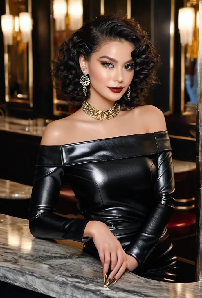 masterpiece of a full-body photo from adorable face (focus on beautiful face details) of a breathtaking beautiful lady. she has a very modern style and outfit. (hair color BLACK)The Lady has a very long voluminous curly BLACK haircut (CURLS). extravagant dark eye-make-up. charming smile, perfect big bosom. athletic body with long legs. the lady wears very tight and shiny pencil-skirt with highheals. combined with that she wears a off-the-shoulder-silk-top (TOP COLOR GOLD) with a sexy neckline. (the colors of her outfit are gold-colored, silver, red, black, white). over her top she wears a body-hugging, elegant, modern GOLD-COLOR leather-jacket, The black leather-jacket is open, bare midriff and sexy, slipped a bit over her shoulder.aswell she wears a modern shiny clutch. long designed fingernails. extravagant dark eye-make-up. perfect stylish make-up. big shiny earrings. black stylish bracelet. black elegant tattoo. she is wearing a collar and other elegant accessoires. The lady is waiting in a very modern glamorous bar ( high-society, very exclusive, downtown) and is ready for the party tonight. (black-marble floor, mirror, dark bar-room). midnight. she is very sexy and adorable. swanky upscale nightlife atmosphäre. dark light in the bar-room. focus on the details in the beauty of her face and her perfect outfit. she enjoys that this photo is taken from her beauty. highly detailed, best quality. foto with Canon EOS 5D Mark IV