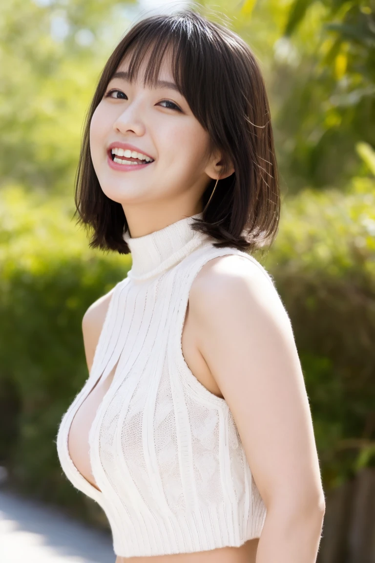 8k wallpaper, Perfect dynamic composition, Beautiful details, Medium Hair, Big ample breasts, Random sexy poses,Chest to chest、(Open Chest Mock Neck Crop Tank Top White Knitwear、The cleavage looks realistic)、(Breast swelling 1.2)、Laughter、Open your mouth、Resort scenery、Age 25、(Droopy Eyes 1.4)、Adult Beauty、Japanese