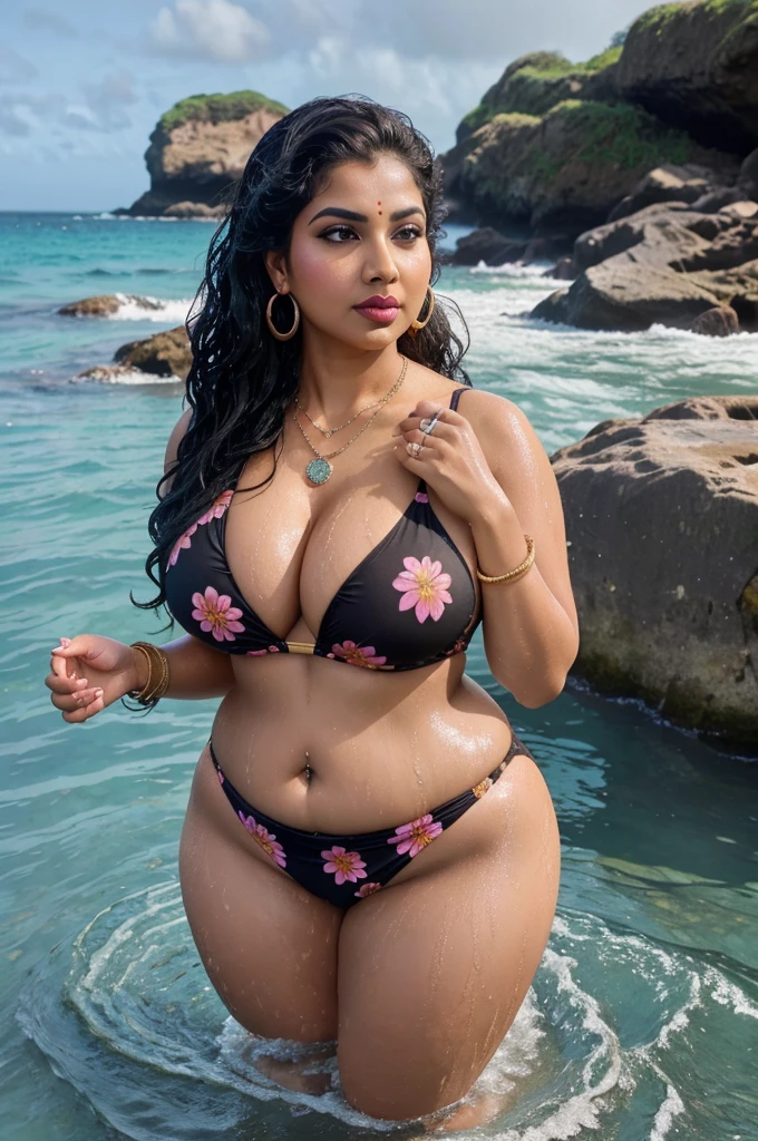 full body picture , BBW Wet curvy, wet Desi MOMMY showing her big ass in sexy, POKÉMON and flower printed black SWIMMING COSTUME and showing cleavage and in nose ring, many bangles in hands,earings, necklace ,lipstick ,navel,Indian, Chubby, showing her curves in sea water, sea waves , rocks
