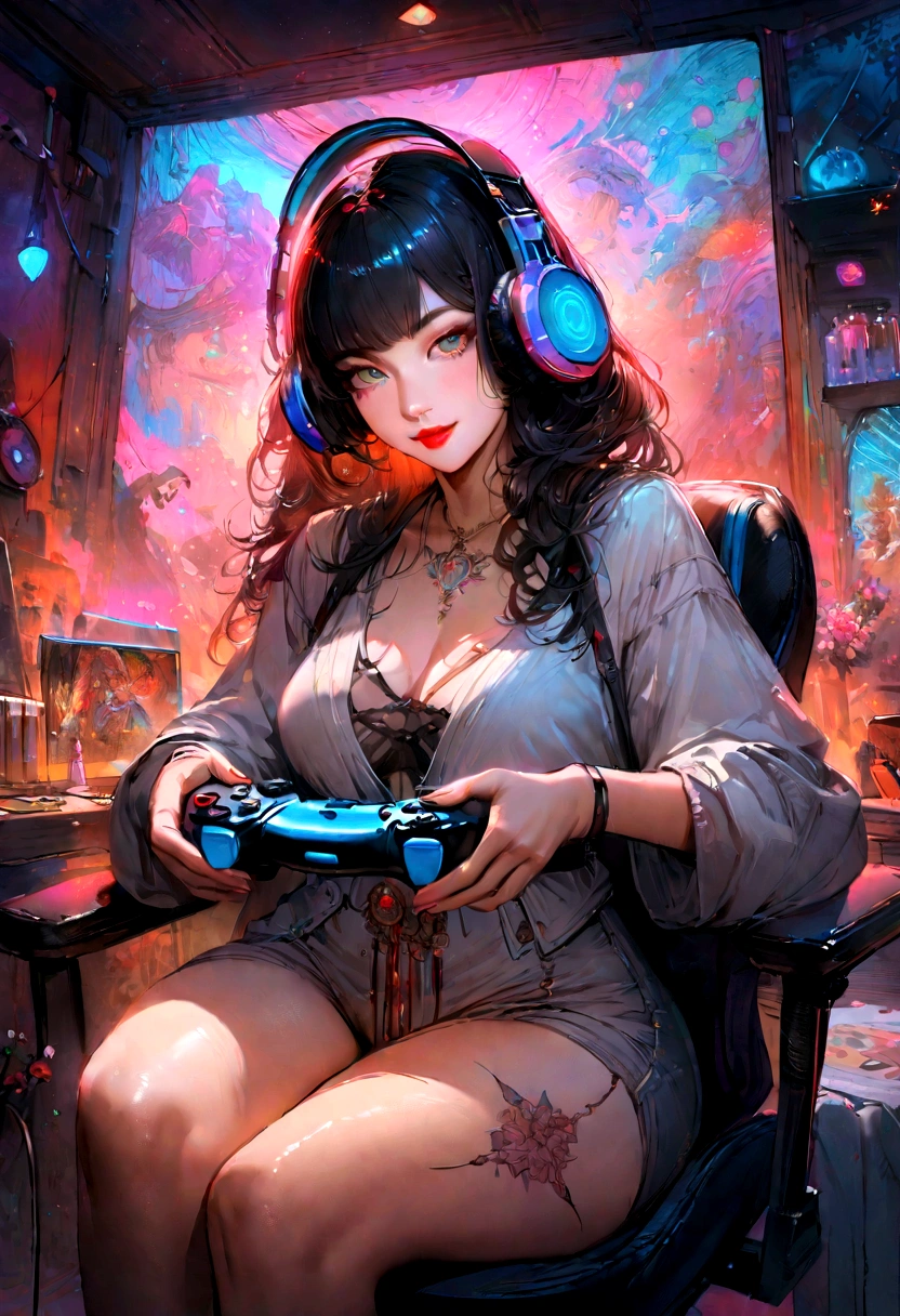 very wide hips,  ,hot sensual smile, gamer girl with gamer headphones sitting on a gamer chair, with a video game controller in her hands, neon colored background, room with led lights,, Carne Griffiths style, featuring vintage tattoo elements and lipstick, set against a complex background that invokes the charm of ancient art, her vintage hairstyle meticulously rendered, oil painting, masterpiece with vivid colors, highly detailed, best quality, ultra-realistic.