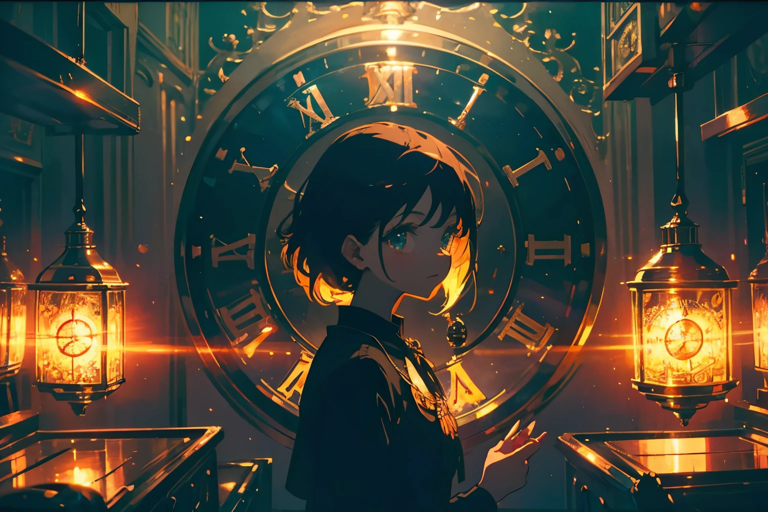 Create exquisite illustrations reminiscent of Makoto Shinkai's style, It has ultra-fine details and top-notch quality. Create a high-quality illustration depicting a beautiful girl in a nostalgic clock shop filled with various types of clocks. The scene should evoke a sense of nostalgia and enchantment, with intricate details and a dreamy atmosphere. The girl's features should be beautifully rendered, capturing her serene and contemplative expression. The clock shop should include elements such as vintage wall clocks, ornate grandfather clocks, and delicate pocket watches, all meticulously detailed to enhance the nostalgic feel. The warm lighting should cast a gentle glow over the scene, creating a magical and timeless ambiance. Every element should be meticulously crafted to immerse the viewer in a nostalgic and enchanting moment. best quality, masterpiece, expressive eyes, gorgeous, vivid, perfect face, smile, happyness, 2eyes, emotion, detailed pupils, vivid pupils,stunning, life, relfection, peace, warm, compsition, artistic, 4k, wallpaper, bonnet, wind, glowing eyes