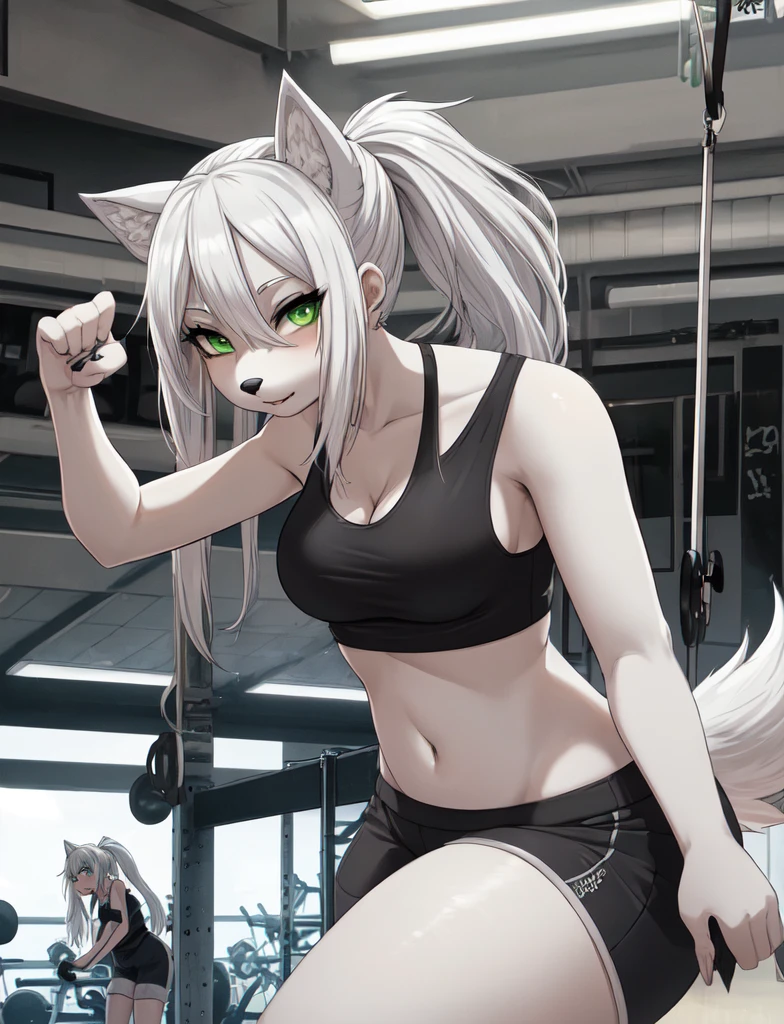furry, curvy wolf woman, cute, white wolf, wearing a tank top and shorts, green eyes, long white hair in a ponytail , in gym, hand drawn, 2D, comic realism, warm lighting, one person, pluse sized