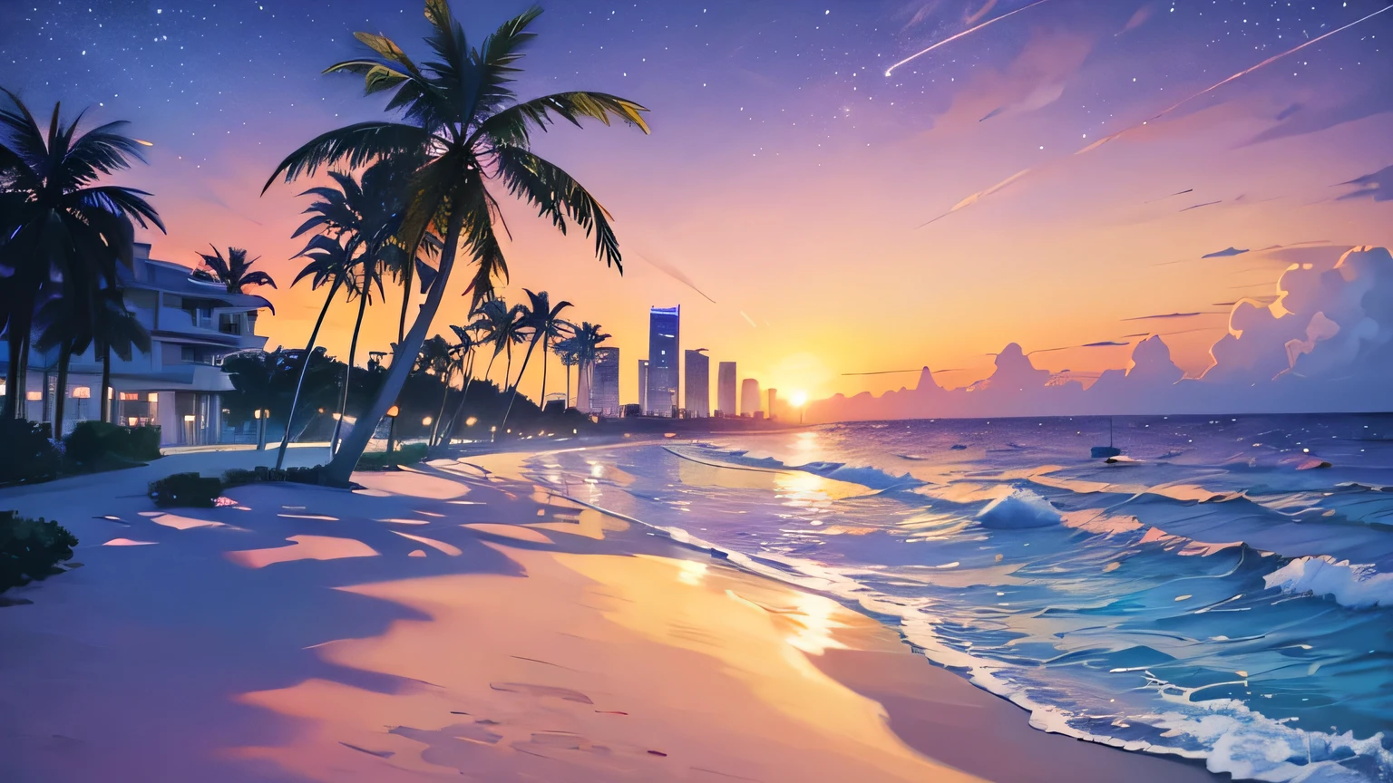 beach landscape sunset and yellow sun, purple colors, palms, stars and big buildings, violet clouds, miami vibes retro, nostalgic, a big city