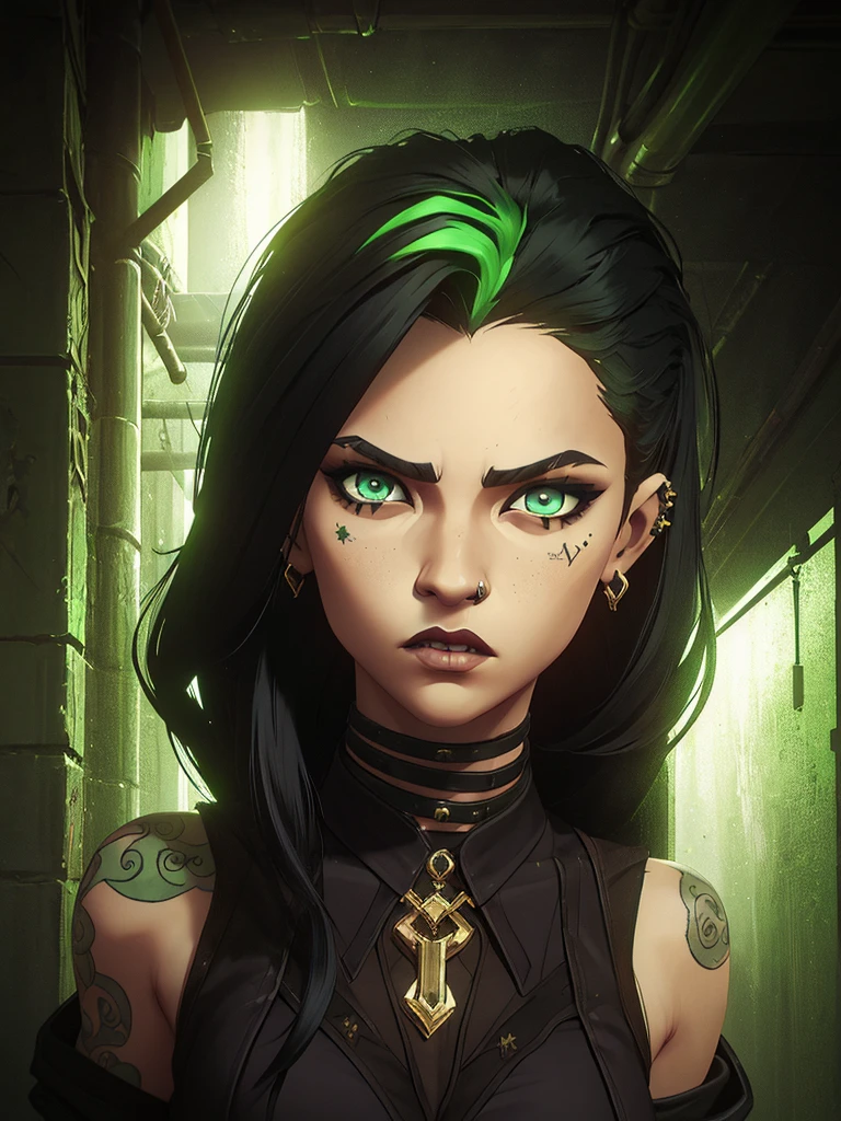 only one girl, black hair and phospor green underlights, green eyes, has tattoos, piercings, light skin but not that light, long hair gothic dark style punk diesel, just her face