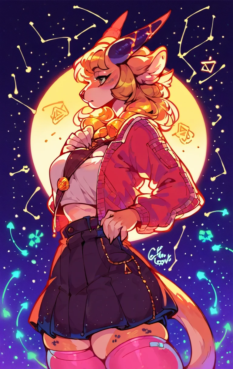 score_9,score_8_up,score_7_up,score_6_up,score_5_up,score_4_up constellation, from side, between breasts, thankful, gold hair, furry, skirt,cargo pants, pink thighhighs, layered haircut, horns, neon, colored outlines, glow, rimlight, 