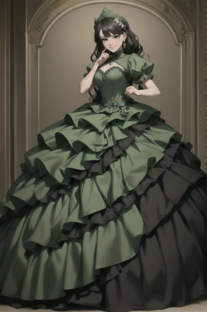 ((Masterpiece, best quality)), edgQuality,smug,smirk,
ballgown, a woman in a green  dress posing for a picture , wearing a ballgown,
 