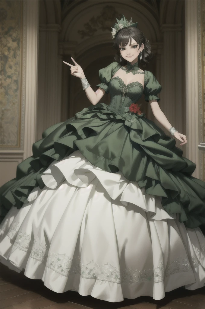 ((Masterpiece, best quality)), edgQuality,smug,smirk,
ballgown, a woman in a green  dress posing for a picture , wearing a ballgown,
 