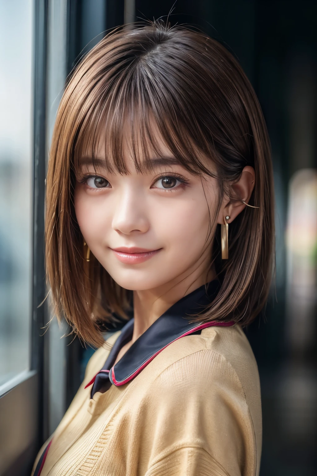 Upper Body、Beauty、Well-formed face、20-year-old、Uniform eyes、Small face、, light brown hair, hair over shoulder, parted bangs, straight hair, expressive hair, shiny hair, earrings, seductive smile, Surrealism, cinematic lighting, first-person view, pov, f/1.2, Nikon, UHD, textured skin, best quality, highres, 8k