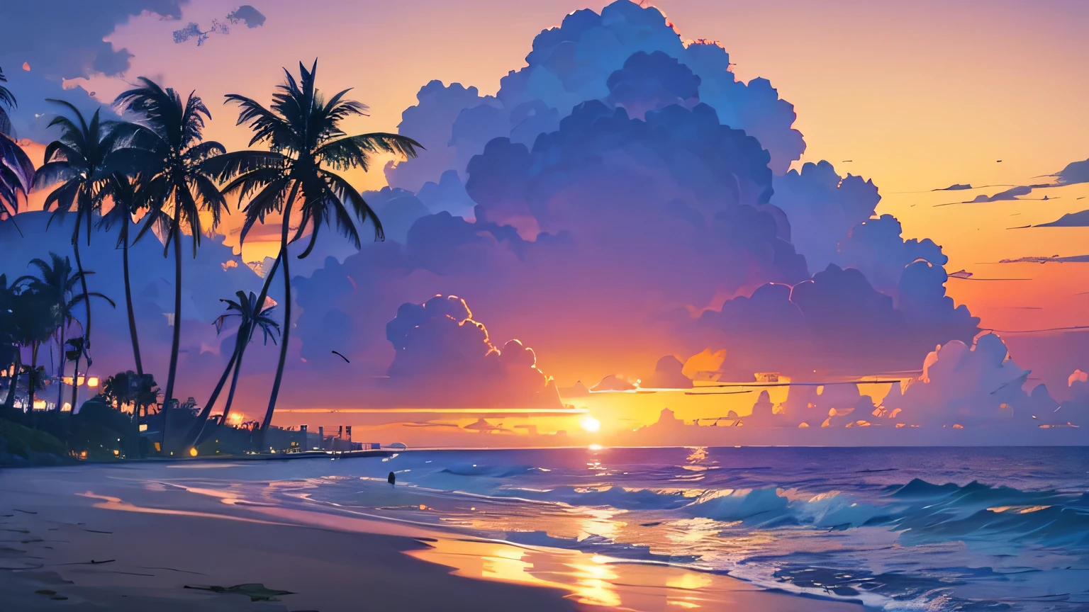 beach landscape sunset and yellow sun, purple colors, palms, stars and big buildings, violet clouds, miami vibes retro, nostalgic, a big city
