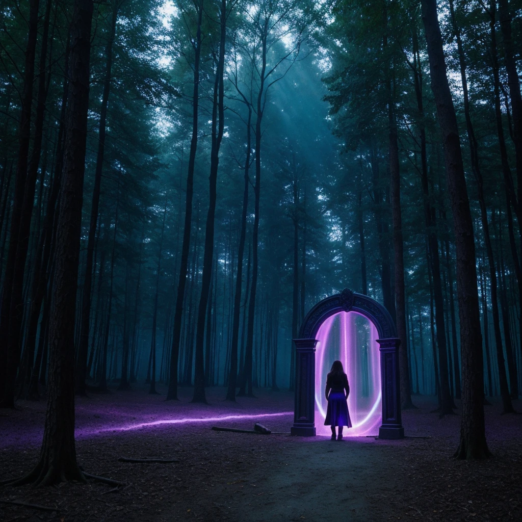 A perfectly rectangular obsidian portal, emanating a violet light from within, in the middle of a fantasy forest as if it were part of a dark fantasy film from the 1970s.