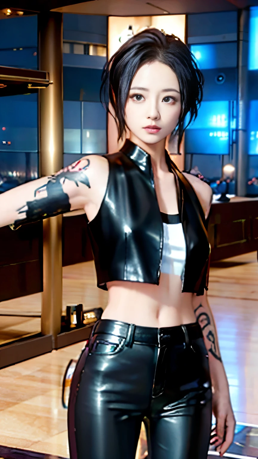 (highest quality)，masterpiece，Super detailed，8K, UHD，Beautiful woman，japanese woman，No expression，whole body，((tattoo))，slim，black leather pants，black leather vest，(female mafia)，gangster，(cyberpunk city)，night，cinematic lightening，underworld