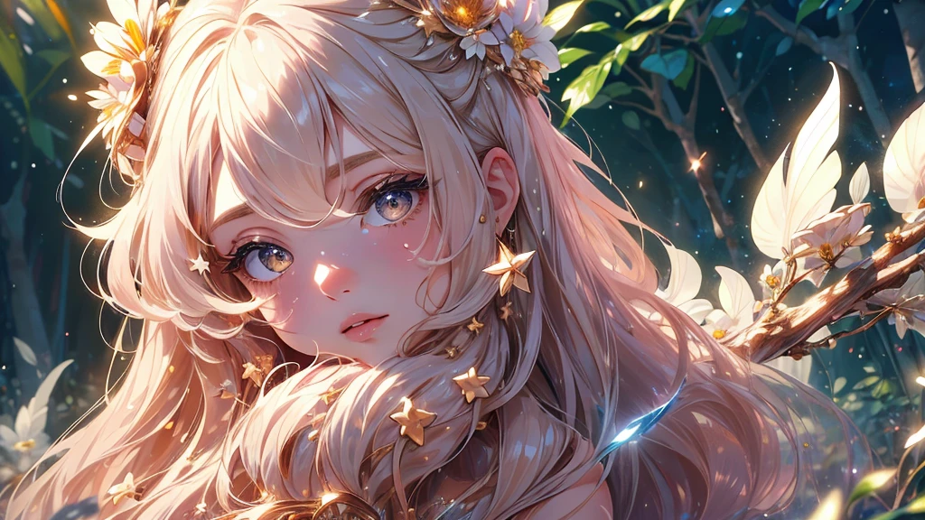 (highest quality,8K,cg),Upper body details, girl,flower forest background,Complex facial features,elegant long curly hair,large almond shaped eyes,detailed eye makeup,long eyelashes,twinkling stars,exquisite lip detail,soft and harmonious style.