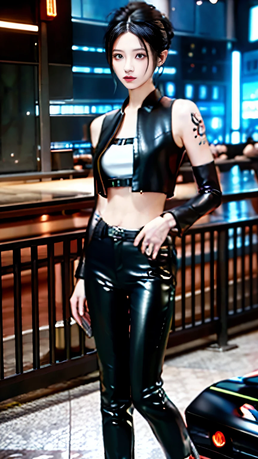 (highest quality),masterpiece,Super detailed,8K, UHD,Beautiful woman,japanese woman,No expression,whole body,((tattoo)),slim,black leather pants,black leather vest,(female mafia),gangster,(cyberpunk city),night,cinematic lightening,underworld