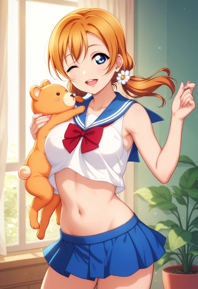 Honoka kousaka love live, cowboy shot, blue eyes, orange hair,hair flower, solo, sailor top, sleeveless, breasts, micro skirt, perfect eyes, Perfect iris，Perfect skin，Soft front light，indoors；（pastel colour:1.2),(lipstick:0.8) ,sexy pose,wink, standing, mommy,low twintails, curvy thicc body , Long hair , carrying a baby girl, breast feeding 