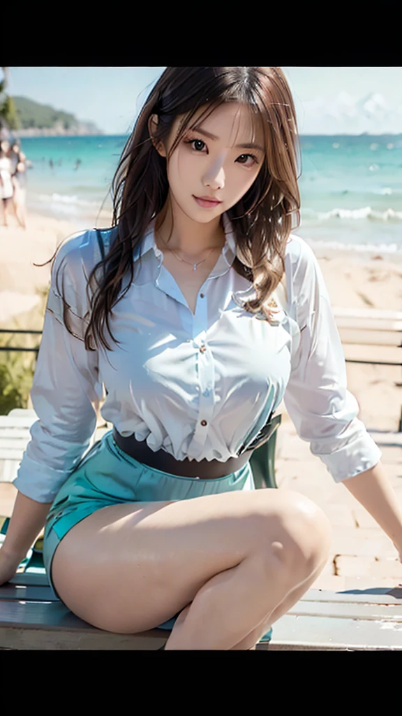 Close-up of a woman sitting on a bench by the sea, Christy Chung has the same face，tall and big，Slightly fat，Wear tight, simple clothing, White top, Light green casual suit jacket，wearing Tight shirt, Tight shirt, Sexy :8, Sexy girl, Thickness, Charming and seductive, 身材Slightly fat，Curved model, Tights, Wearing a cute top, Tights, Beautiful lady, Attractive girl, Asian Girls, Stunning beauty