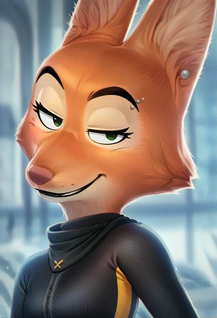 score_9, score_8_up, score_7_up, score_6_up, score_5_up, score_4_up, Diane_Foxington, ginger fur, emerald eyes, black lipstick, black eyebrows, silver piercings on eyebrow, fox tail, bodysuit with yellow trim and black wraps