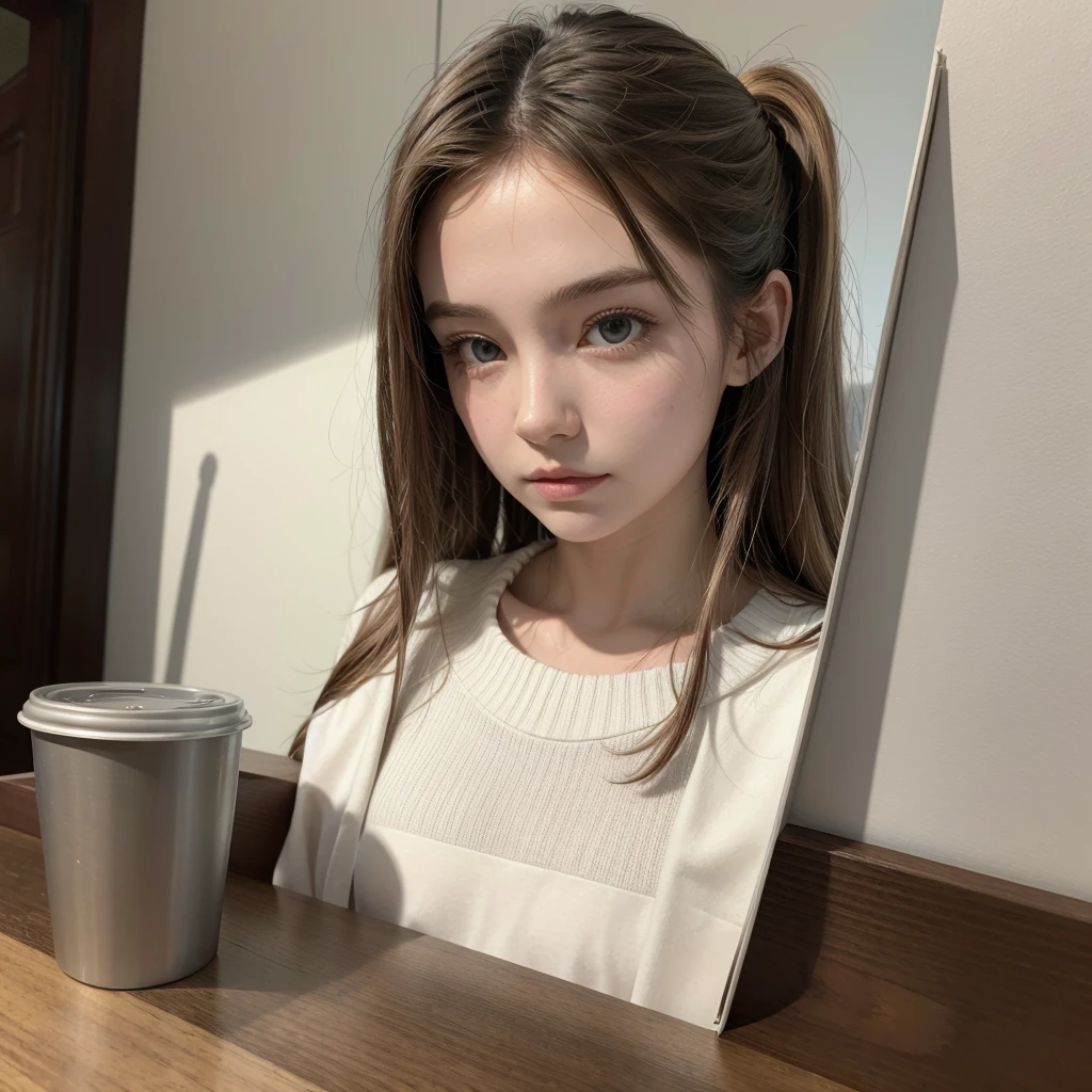 3D poster inspired by a white girl's Pixel,with long light brown hair, Light brown eyes, Wearing silver-colored oval-shaped prescription glasses, with a white blouse and jeans, with hands on hips and brown background