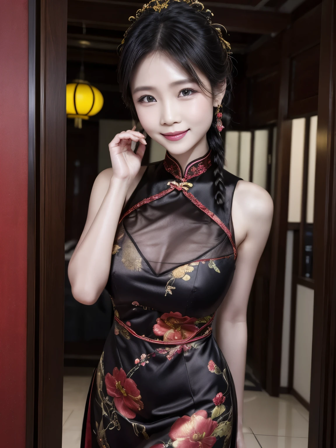 Eyes are very fragile，Double braids with cheongsam，Chinese New Year Decorations（（Smiling artwork）））， （（best quality））， （（Intricate details））， （（Surreal））（8K）