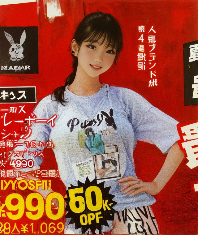 (Very detailed,Highest quality,4K,8K,16K,High resolution,masterpiece:1.5),(Perfect hands,Perfect Legs),(Realistic,photoRealistic,photo-Realistic:1.37),
AraFed advertisement featuring a woman wearing a shirt with a picture of a rabbit on it, Playboy, Playboy style, Japan in the 1990s, Advertising images, T-Shirts!!, Magazine Scanning, Playboy bunny, future!!, Catalogue photo, Playboy cover, Tadashi Nakayama, by Shinoda Toko, Beasts, like a Catalogue photograph美しく詳細に描かれた汗腺,Smooth skin texture,Carefully drawn,
Outstanding proportions,Lively expressions,(Big Breasts),(Big Ass),Sticky with sweat,
