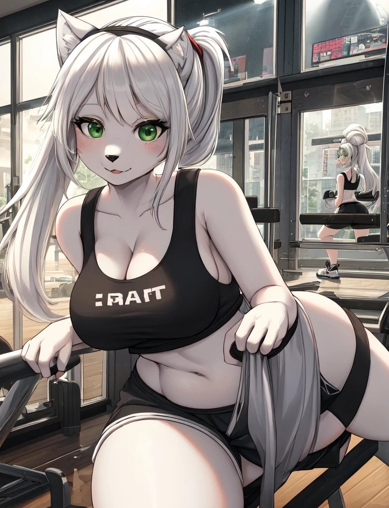 furry, curvy wolf woman, cute, white wolf, wearing a tank top and shorts, green eyes, long white hair in a ponytail , in gym, hand drawn, 2D, comic realism, warm lighting, one person, thick and curvy