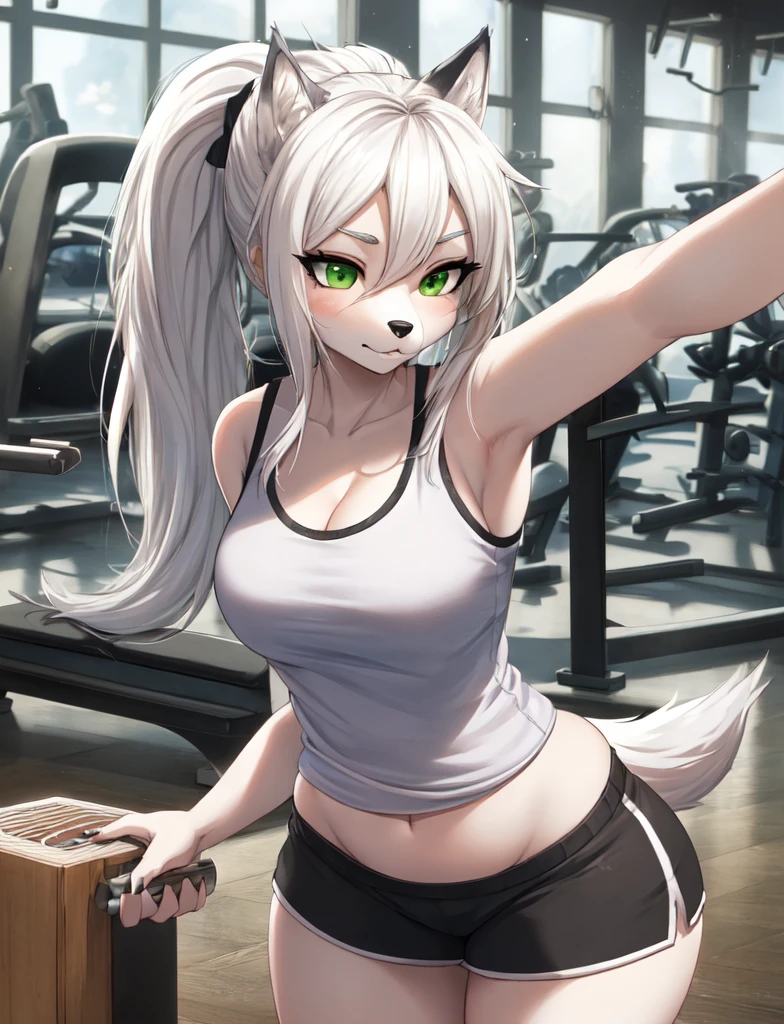 furry, curvy wolf woman, cute, white wolf, wearing a tank top and shorts, green eyes, long white hair in a ponytail , in gym, hand drawn, 2D, comic realism, warm lighting, one person, thick and curvy