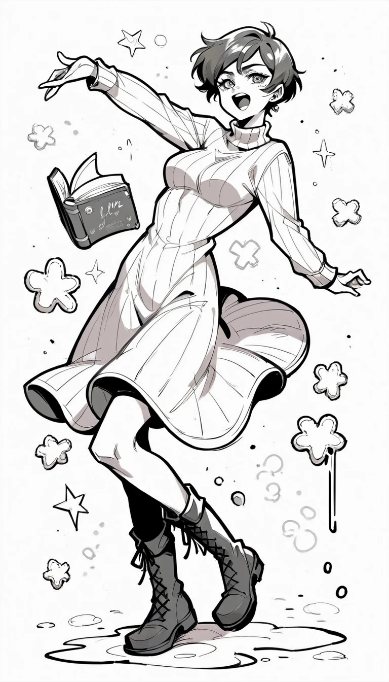 black and white, line art, no shading, full body, live2D character, pixie hair, skinny, dancing, medium breasts, sweater, spooky dress, boots, snow effects, coloring book style, sketch,ink drawing, outlines. good anatomical hands