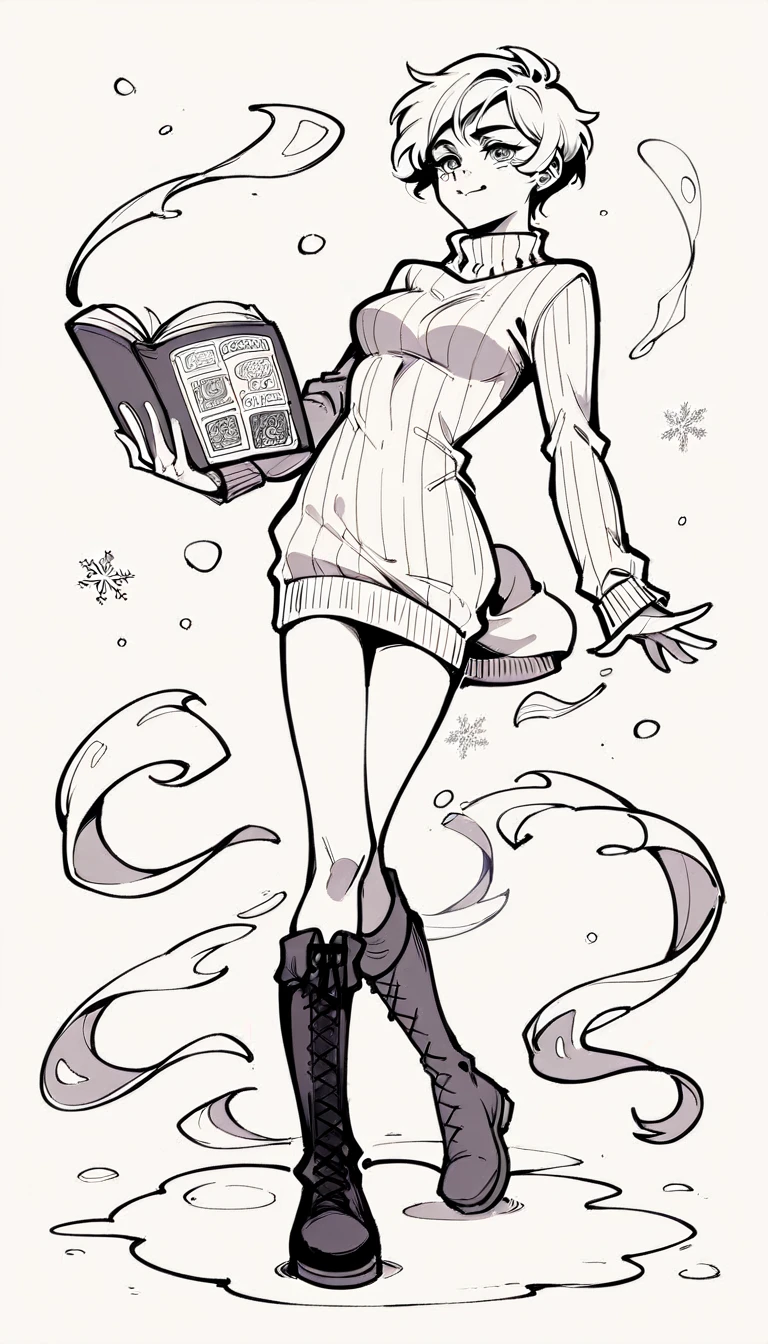 black and white, line art, no shading, full body, live2D character, pixie hair, skinny, dancing, medium breasts, sweater, spooky dress, boots, snow effects, coloring book style, sketch,ink drawing, outlines. good anatomical hands