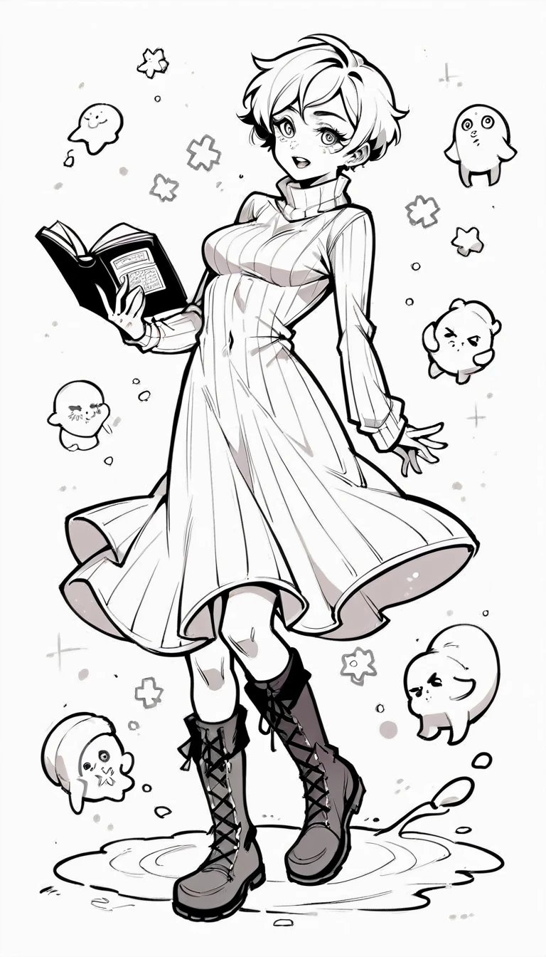 black and white, line art, no shading, full body, live2D character, pixie hair, skinny, dancing, medium breasts, sweater, spooky dress, boots, snow effects, coloring book style, sketch,ink drawing, outlines. good anatomical hands