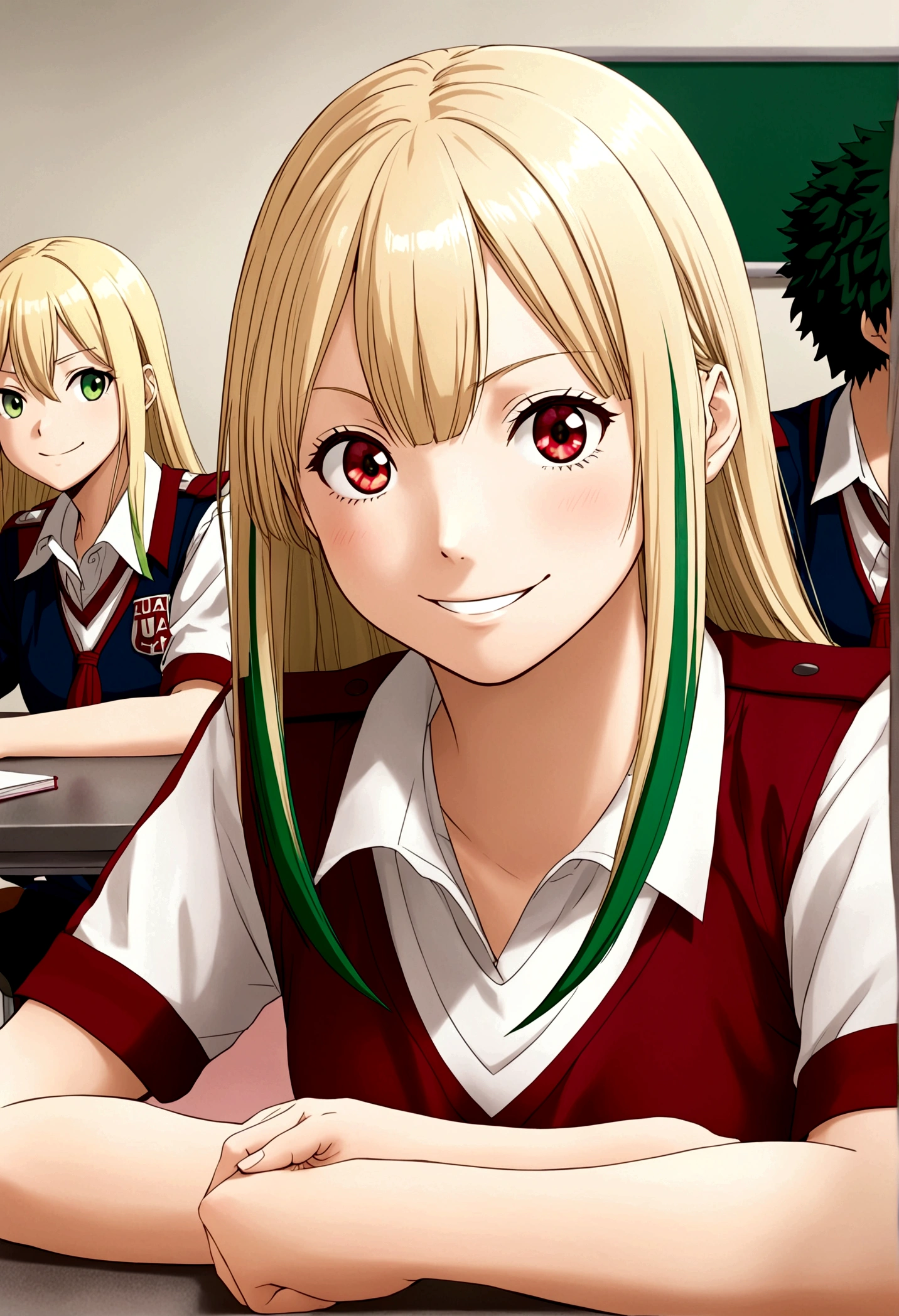 My Hero Academia Capture. Girl with straight blonde hair with green tips, with bangs, crimson eyes, a happy expression, She is wearing the UA uniform and in the background she has a UA school class and she is sitting at a table