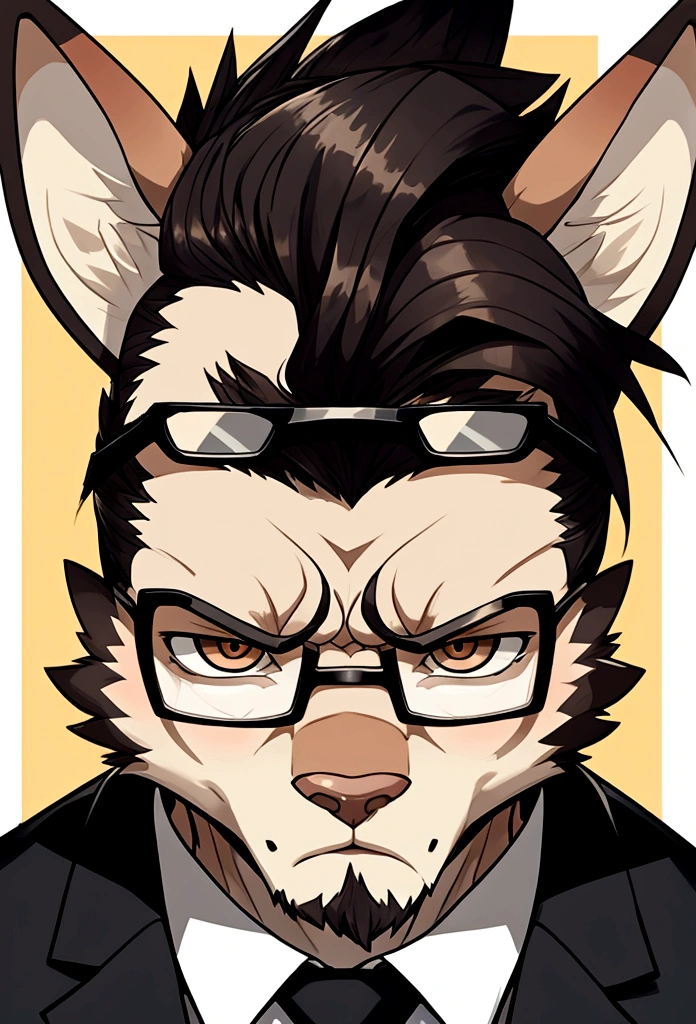 uma raposa, with angry and tough faces, wearing dark glasses, with quiff, in face icon pose
