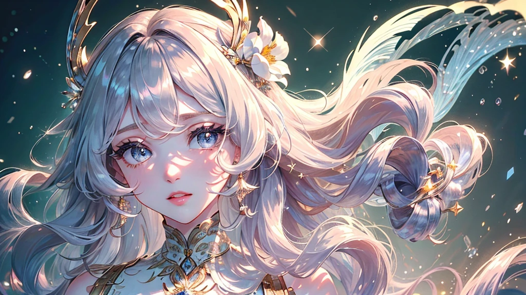 (highest quality,8K,cg),Upper body details, girl,flower forest background,Complex facial features,elegant long curly hair,large almond shaped eyes,detailed eye makeup,long eyelashes,twinkling stars,exquisite lip detail,soft and harmonious style.