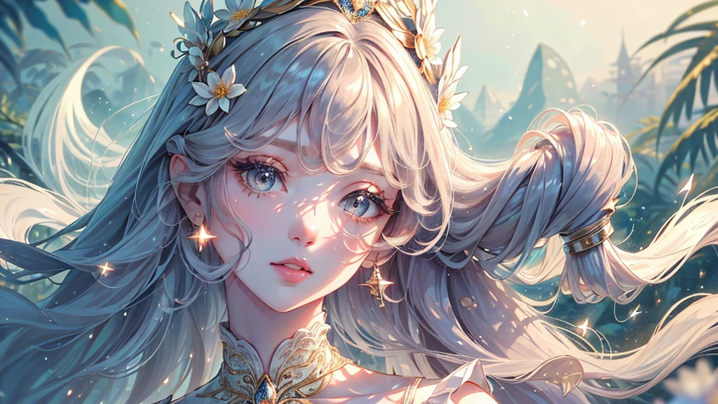 (highest quality,8K,cg),Upper body details, girl,flower forest background,Complex facial features,elegant long curly hair,large almond shaped eyes,detailed eye makeup,long eyelashes,twinkling stars,exquisite lip detail,soft and harmonious style.
