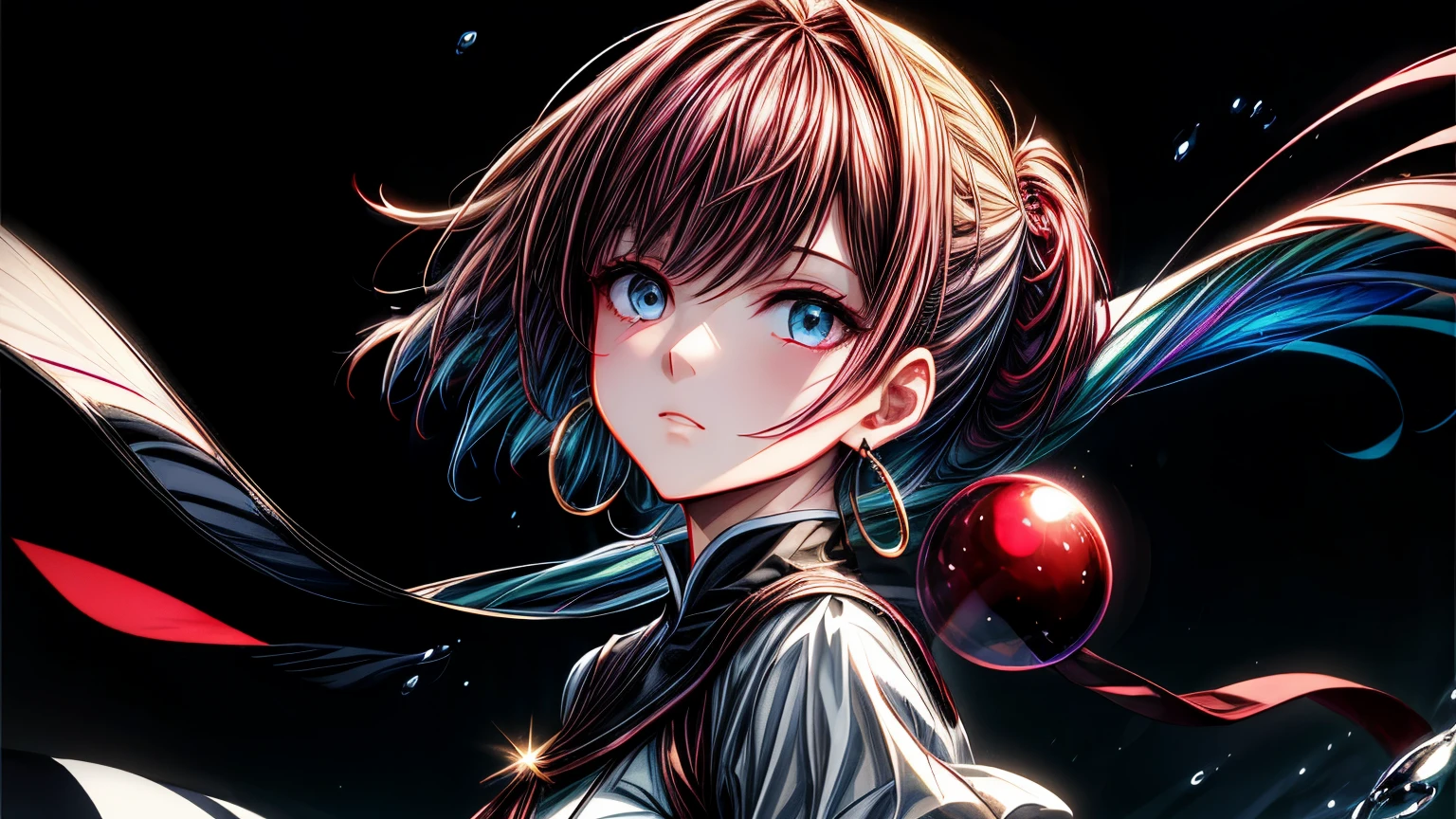 (​masterpiece)、(top-quality)、(Ultra-detail)、(dishevled hair)、(illustratio)、(1girl in)、(Fashionable clothes)、is standing、Fashion Model、Look back、(interview)、(Brief background)、Beautiful detailed eyes、Delicate beautiful face、floating、(High color saturation)、(colorful water splash)、colorful bubble、(shine)、Focus on Face、Kana Arima、Crimson hair、bangs、hair rings、Floating hair。The girls、anime waifu、Look far away、Very detailed and、Reflective transparent iridescent color、Long transparent iridescent RGB hair、Art Bee Scella Rule at Art Station、Thick Acrylic、pixiv illustration、waist up portrait、Gorgeous Holy Girl、top-quality、Ultra-detail、sad、wise、Beautiful face、Beautiful Ryton black background、Character stvle rendered by Octane、Background Simple、hugetits、poneyTail、The strongest beauty