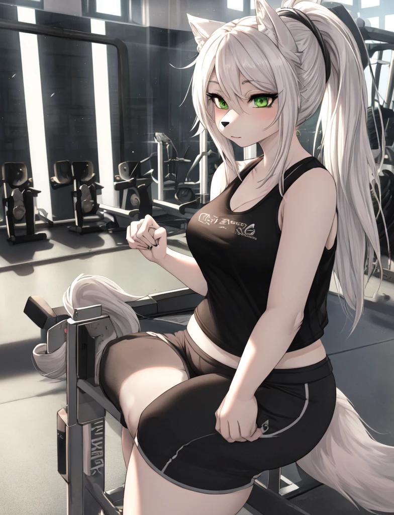 furry, curvy wolf woman, cute, white wolf, wearing a tank top and shorts, green eyes, long white hair in a ponytail , in gym, hand drawn, 2D, comic realism, warm lighting, one person, thick and curvy