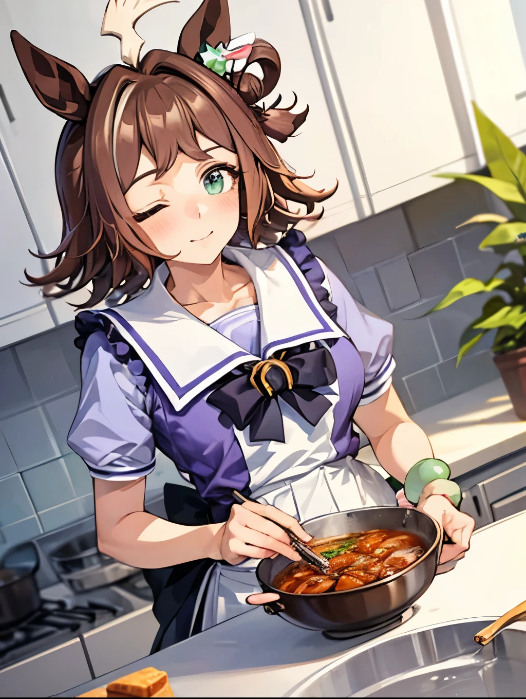 rhein kraft \(umamusume\), 1 girl, Solo, Best Quality, masterpiece, 8K, High resolution, Ultra-detailed, cooking, kitchen, apron, summer uniform,